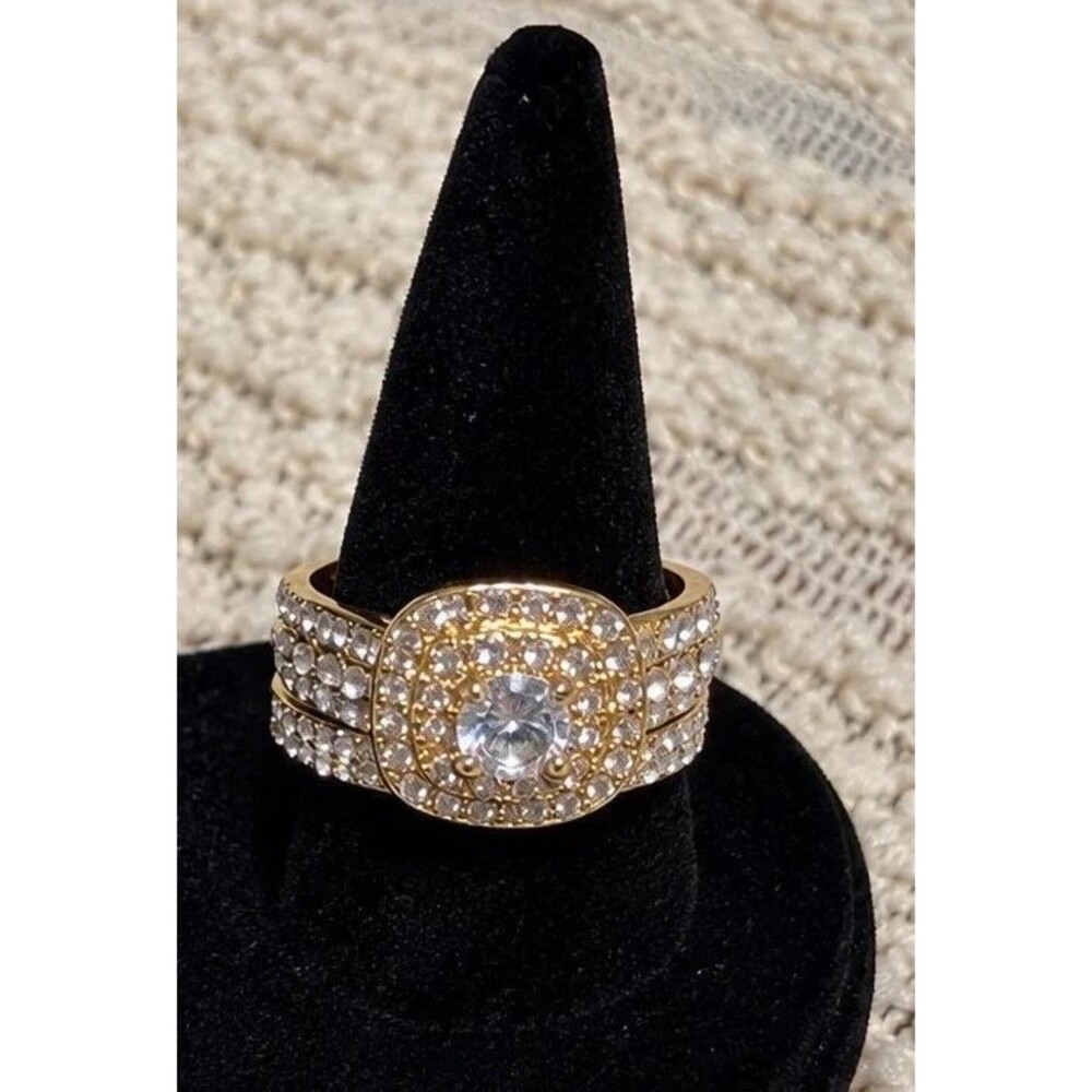 Gold Tone 2 Piece Halo Wedding Ring Set Zirconia Size 8